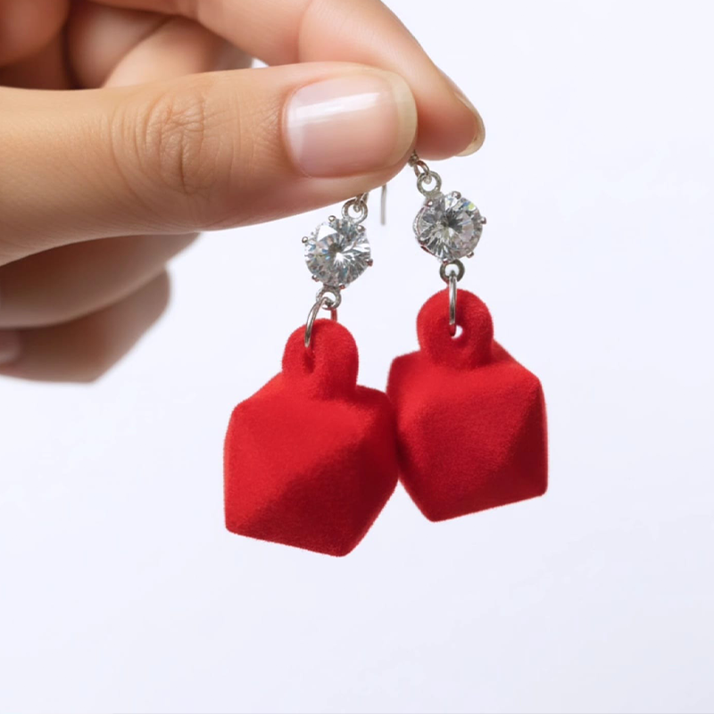 Simple High-shine crystal paired with soft, textured fabric-flocking design earrings - Image 3