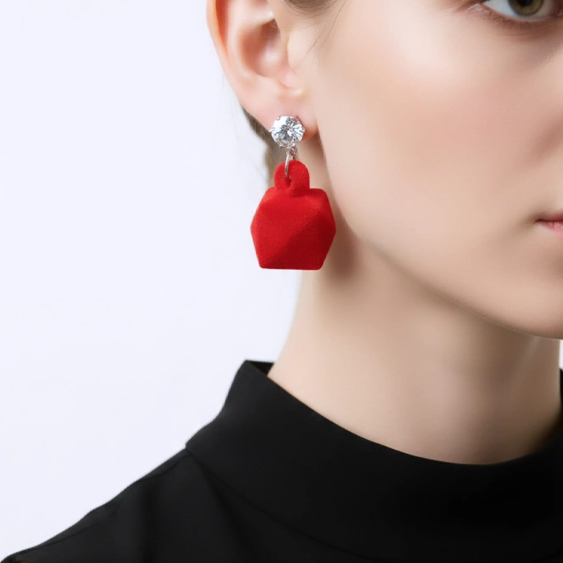 Simple High-shine crystal paired with soft, textured fabric-flocking design earrings - Image 7