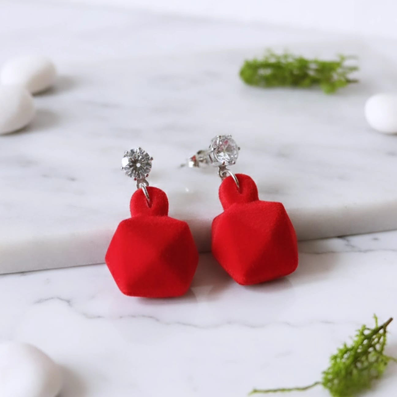 Simple High-shine crystal paired with soft, textured fabric-flocking design earrings - Image 4