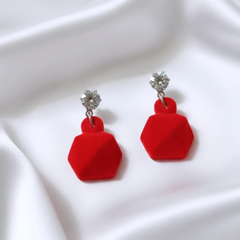 Simple High-shine crystal paired with soft, textured fabric-flocking design earrings - Image 2