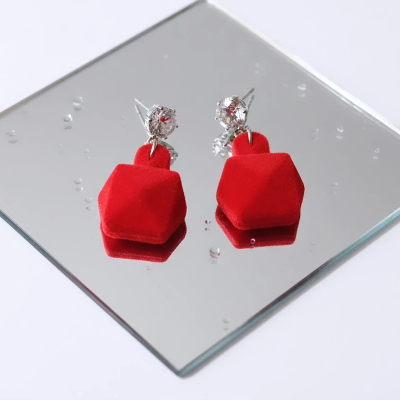 Simple High-shine crystal paired with soft, textured fabric-flocking design earrings - Image 5