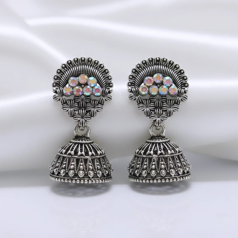 Opulent Traditional Oxidized Silver Jhumka earrings - Image 3