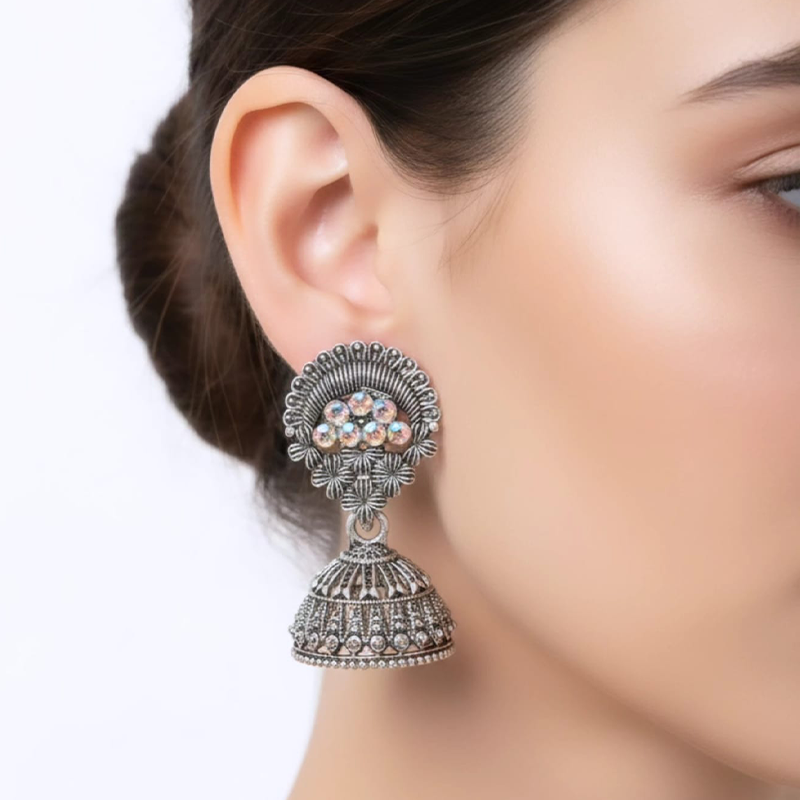 Opulent Traditional Oxidized Silver Jhumka earrings - Image 6