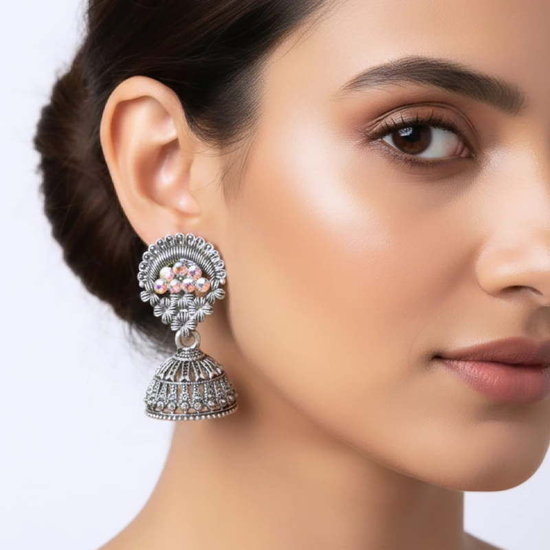 Opulent Traditional Oxidized Silver Jhumka earrings - Image 7