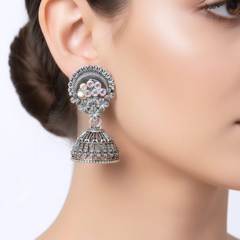 Opulent Traditional Oxidized Silver Jhumka earrings - Image 8