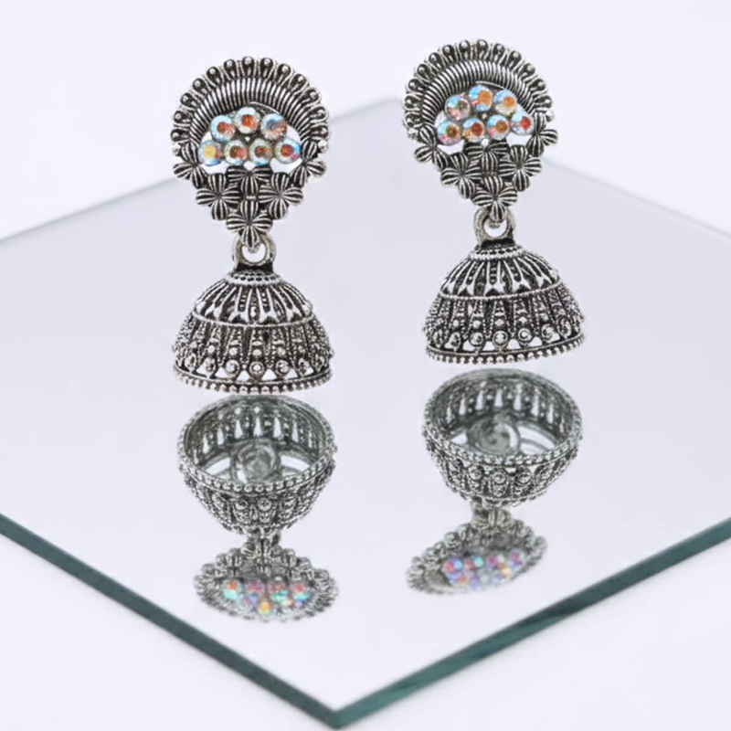 Opulent Traditional Oxidized Silver Jhumka earrings - Image 2