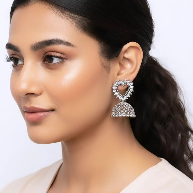 Stunning heart-shaped stud, beautifully outlined with small, shimmering stones Jhumka earrings - Image 8