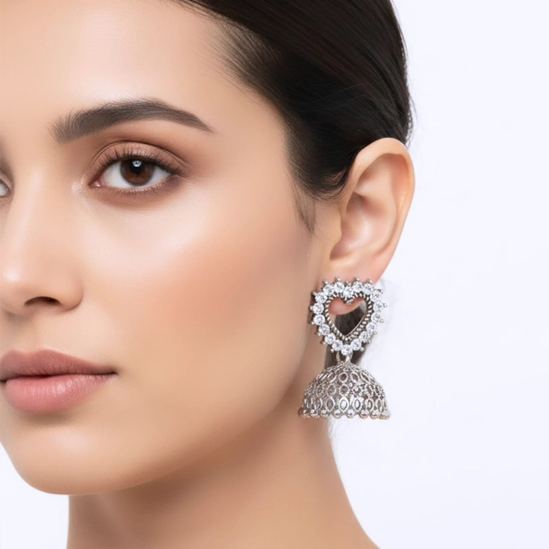 Stunning heart-shaped stud, beautifully outlined with small, shimmering stones Jhumka earrings - Image 6