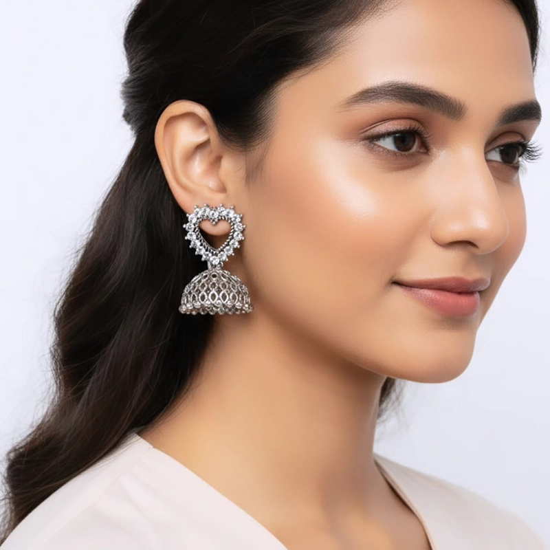 Stunning heart-shaped stud, beautifully outlined with small, shimmering stones Jhumka earrings - Image 7