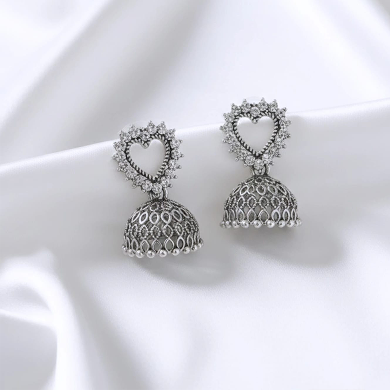 Stunning heart-shaped stud, beautifully outlined with small, shimmering stones Jhumka earrings - Image 2