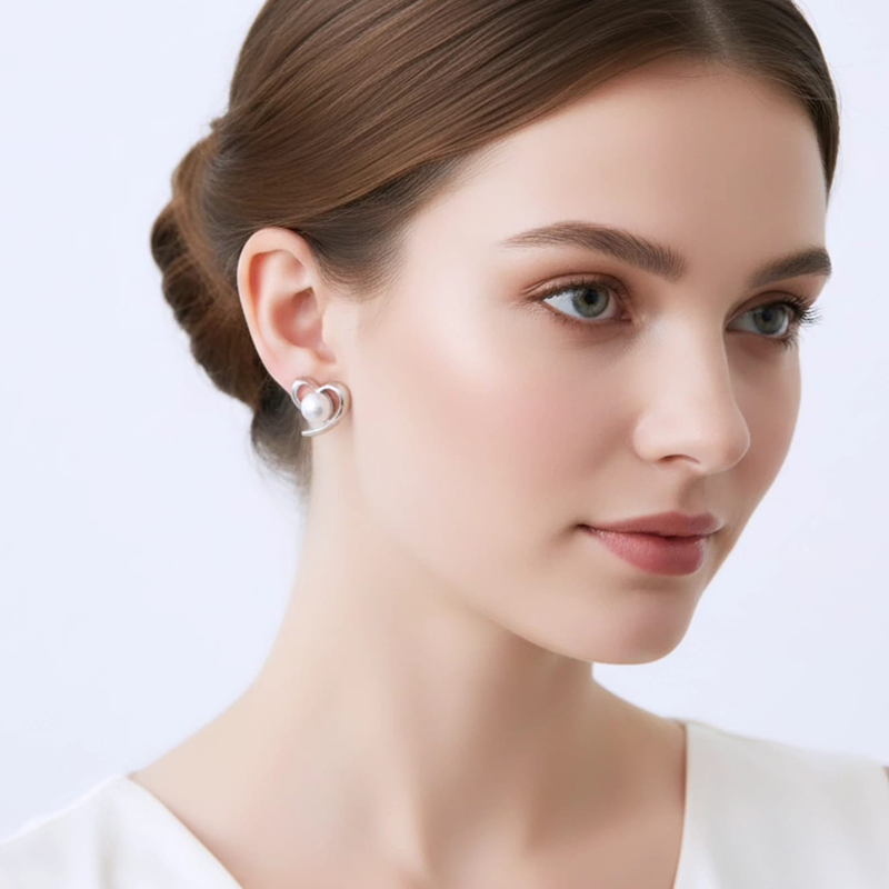 Classy Heart-shaped, round white pearl stud earrings - Image 5