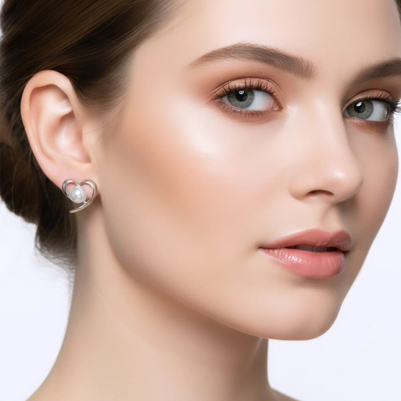 Classy Heart-shaped, round white pearl stud earrings - Image 7
