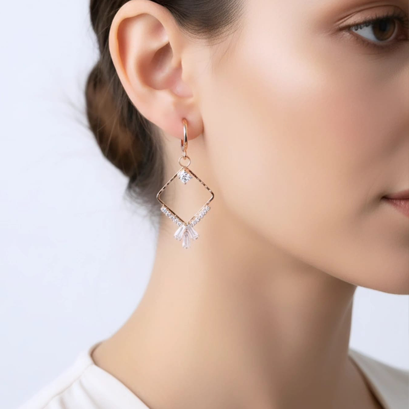 Divine rhombus diamond shape, rose-gold-toned drop earrings - Image 7