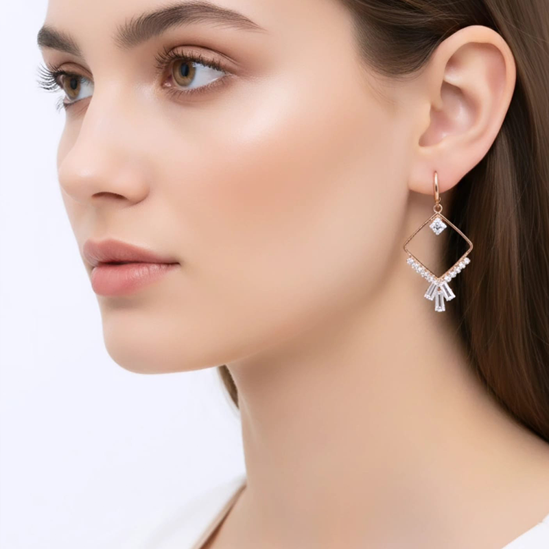 Divine rhombus diamond shape, rose-gold-toned drop earrings - Image 8