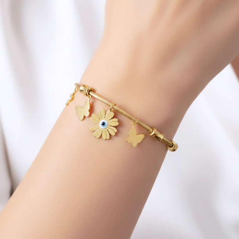 Stunning twisted cable wire,Butterflies,Flowers, Evil Eye design anti tarnish bracelet - Image 7