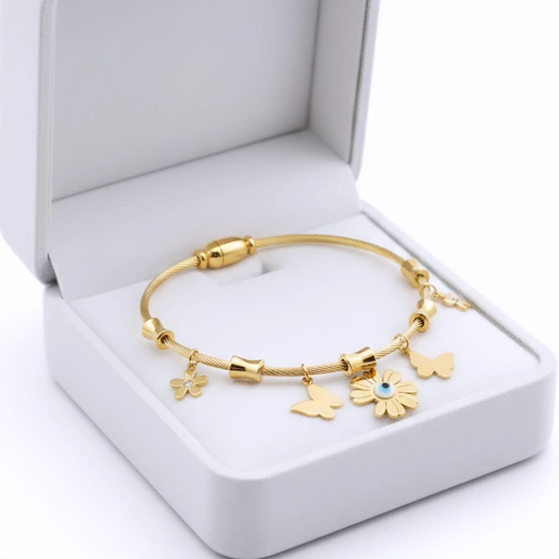 Stunning twisted cable wire,Butterflies,Flowers, Evil Eye design anti tarnish bracelet