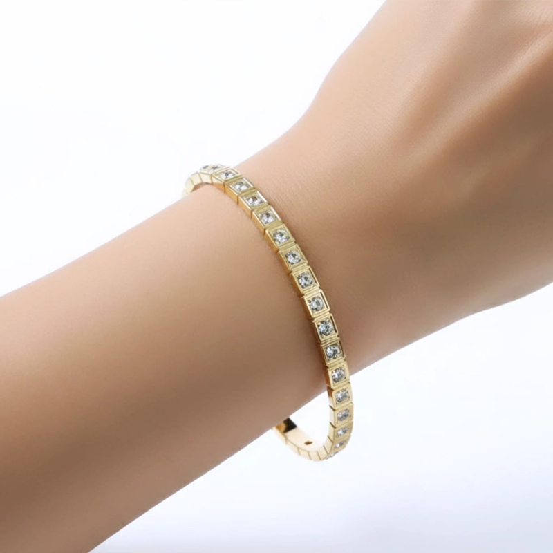 Timeless square-cut stones, Gold- toned anti tarnish bangle bracelet - Image 6