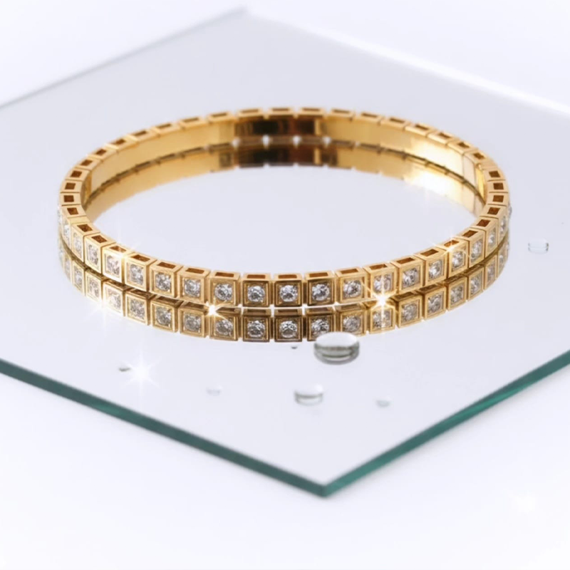 Timeless square-cut stones, Gold- toned anti tarnish bangle bracelet - Image 2