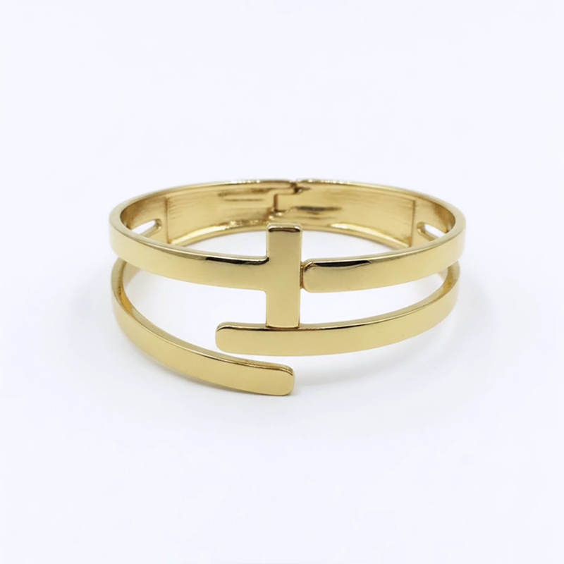 Luxurious vertical "T" or bar-shaped,spring-hinge style cuff anti tarnish bracelet - Image 2