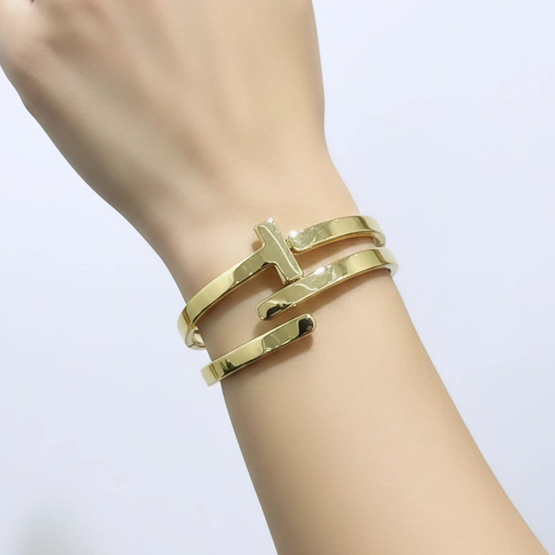 Luxurious vertical "T" or bar-shaped,spring-hinge style cuff anti tarnish bracelet - Image 9