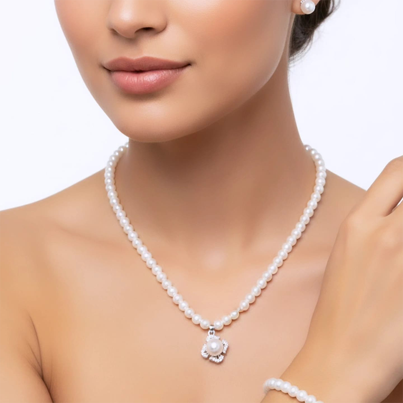 Classy clover or floral-shaped halo, four-piece pearl set - Image 9