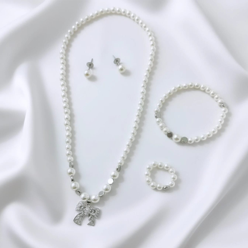 Classy white round pearls,silver-toned bow charm pearl jewellery set - Image 3
