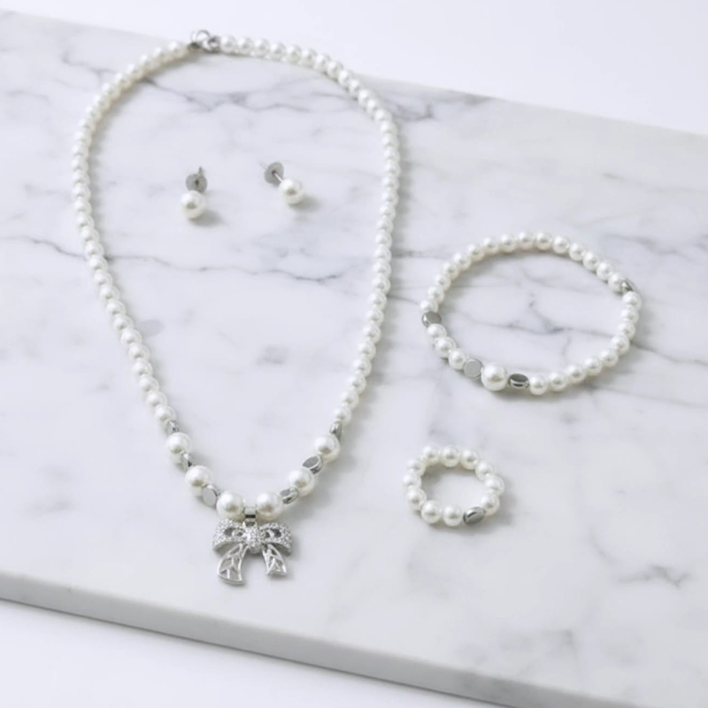 Classy white round pearls,silver-toned bow charm pearl jewellery set - Image 4