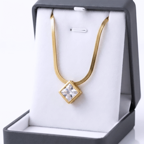 Stunning geometric square, faceted clear crystal anti tarnish pendent