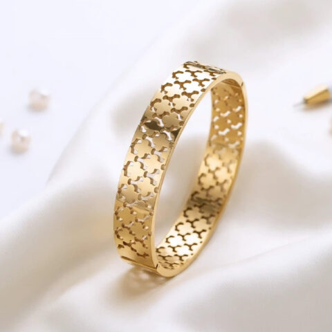 Divine laser-cut clover or quatrefoil pattern anti tarnish bracelet